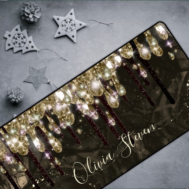 Chic gold black drippings glitter monogram desk mat (Creator Uploaded)