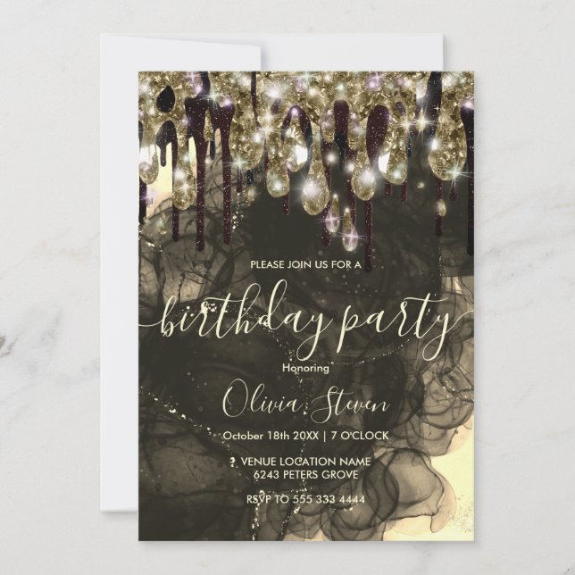 Chic gold black drippings glitter monogram invitation (Front)