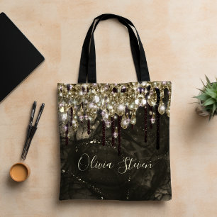 Chic gold black drippings glitter monogram tote bag