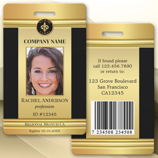 Chic Gold Black Employee Photo ID Badge (Elegant gold and black design photo ID badge with your custom photo, logo, QR code or bar code)