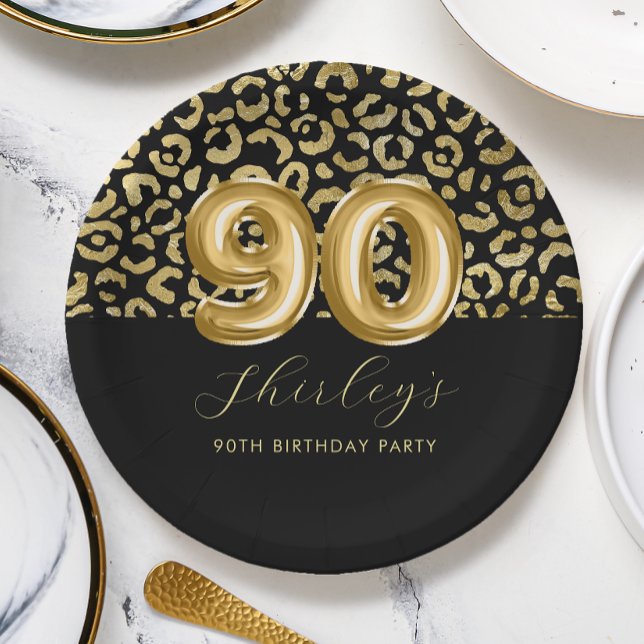 Chic Gold Black Leopard Print 90th Birthday Paper Plate (Creator Uploaded)