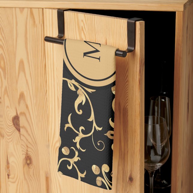 Chic Gold Black Royal  Monogram Damask  Tea Towel (Thirds Fold)