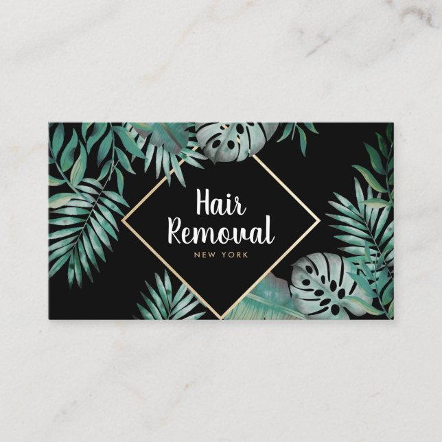 Chic gold black tropical green watercolor leaves business card (Front)