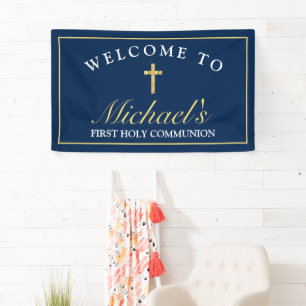 Chic Gold Blue Cross Boys First Communion Welcome Banner