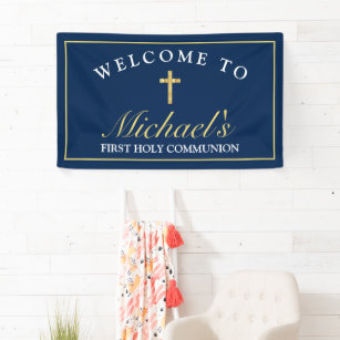 Chic Gold Blue Cross Boys First Communion Welcome Banner