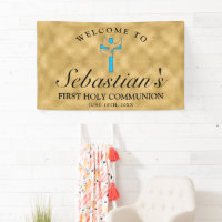 Chic Gold Blue Cross Dove First Communion Welcome