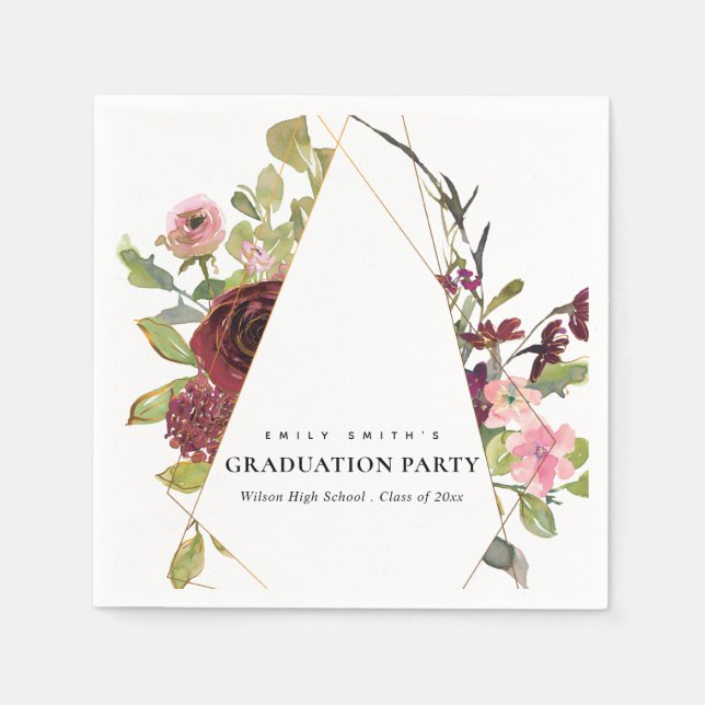 CHIC GOLD BLUSH BURGUNDY ROSE FLORAL GRADUATION NAPKIN (Front)
