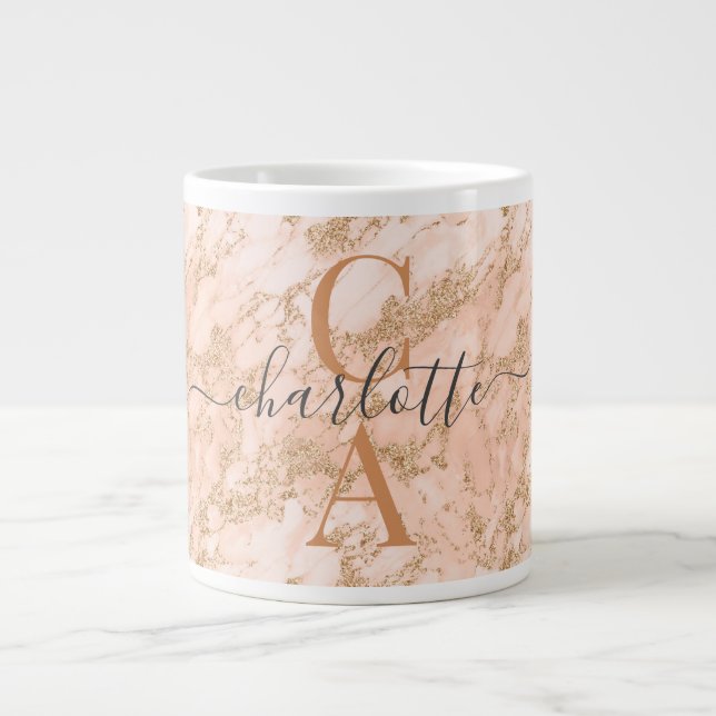 Chic Gold Blush Pink Marble Glitter Initials Name Large Coffee Mug (Front)
