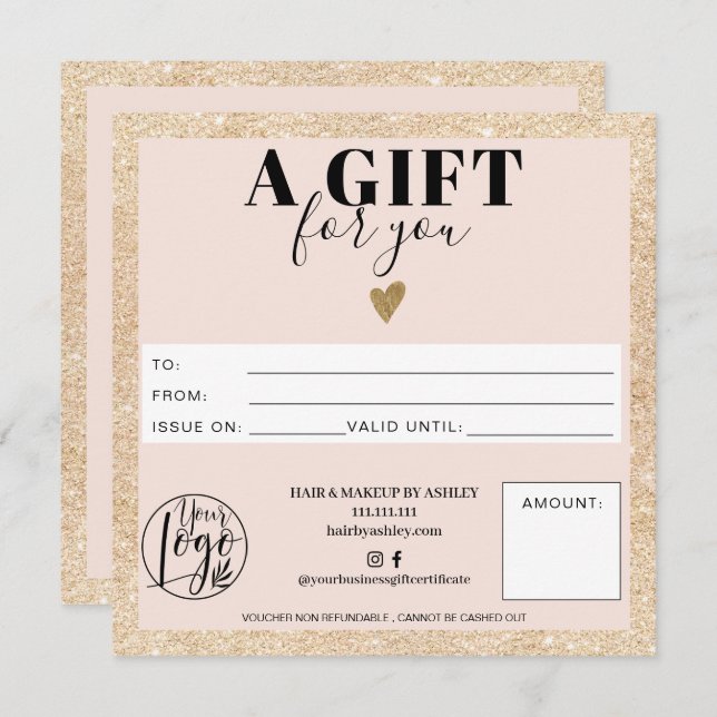 Chic gold blush pink square gift certificate logo (Front/Back)