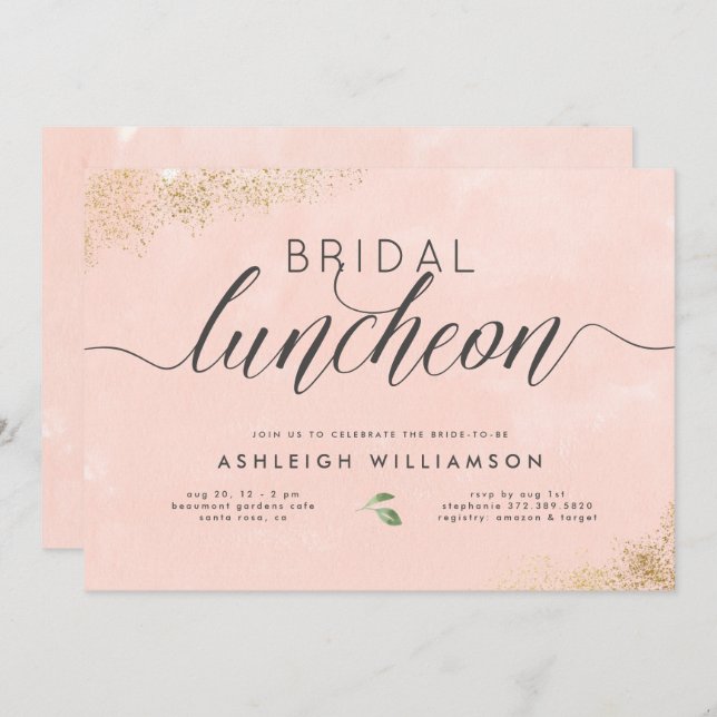 Chic Gold Blush Pink Watercolor Bridal Luncheon Invitation (Front/Back)