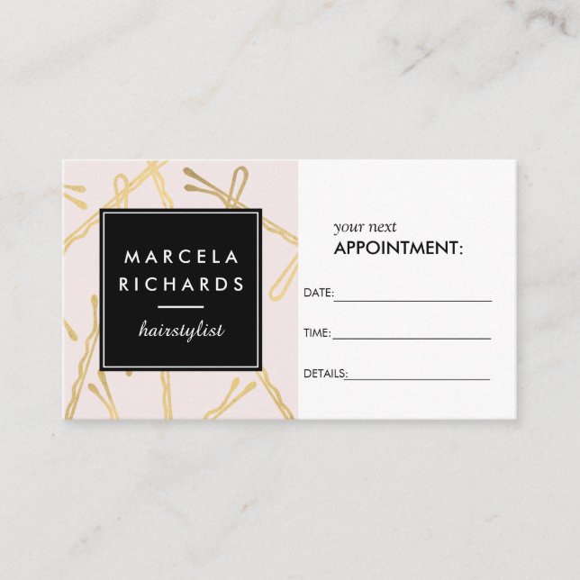 Chic Gold Bobby Pins Hair Stylist Pink Appointment Card (Front)
