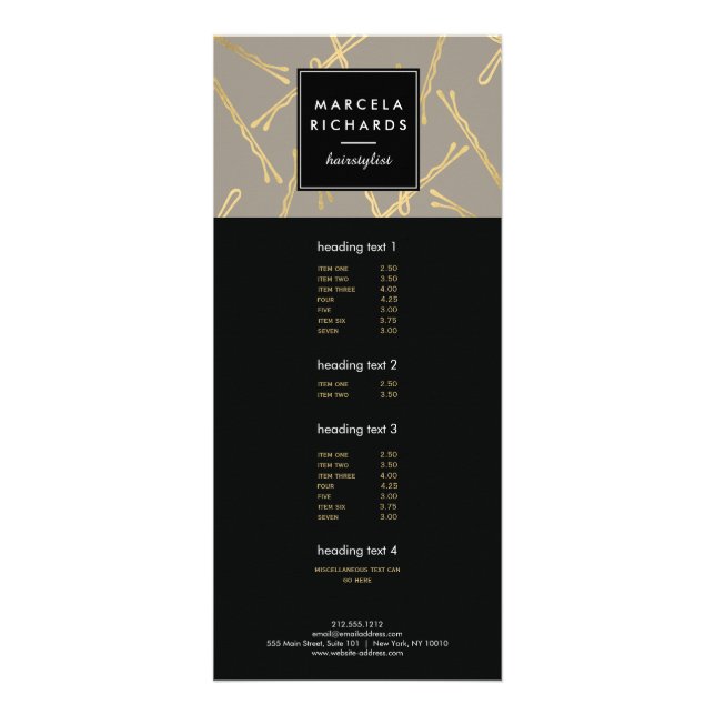 Chic Gold Bobby Pins Hair Stylist Salon Grey Rack Card (Front)