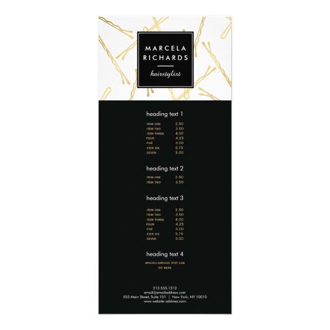 Chic Gold Bobby Pins Hair Stylist Salon Rack Card (Front)