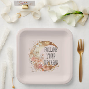 Chic Gold Boho Blush Pink Floral Birthday Paper Plate