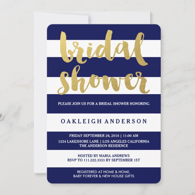 Chic Gold | Bold Blue Stripe Bridal Shower Invite (Front)