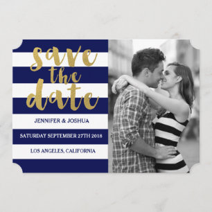 Chic Gold   Bold Blue Stripe Photo Save the Date