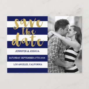 Chic Gold   Bold Blue Stripe Photo Save the Date Announcement Postcard