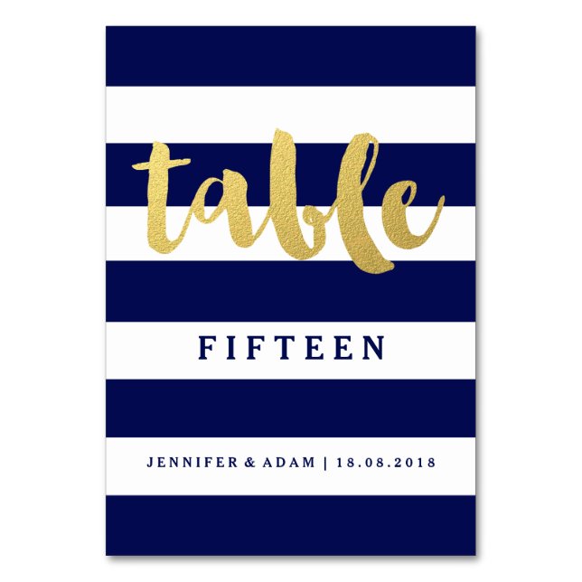 Chic Gold | Bold Blue Stripe Table Numbers (Front)