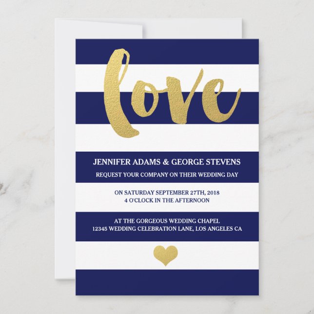 Chic Gold | Bold Blue Stripe Wedding Invitation (Front)