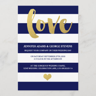 Chic Gold   Bold Blue Stripe Wedding Invitation