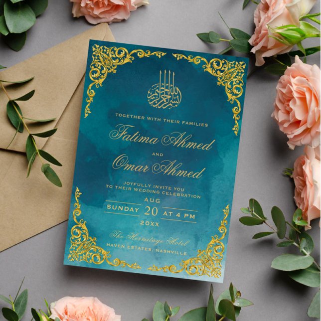 Chic Gold Border Turquoise Islamic Muslim Wedding Invitation (Creator Uploaded)