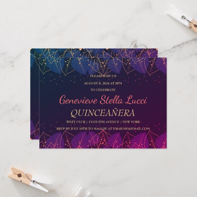 Chic Gold Botanical Quinceañera Party Invitation (Front/Back In Situ)