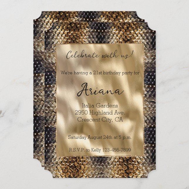 Chic Gold Bronze Black Snake Skin Invitation (Front/Back)