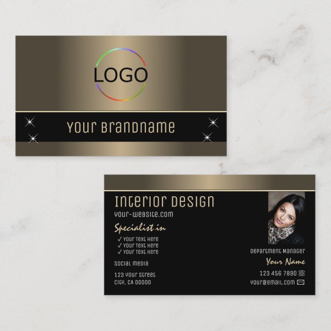 Chic Gold Brown Black Stylish with Logo and Photo Business Card (Front/Back)
