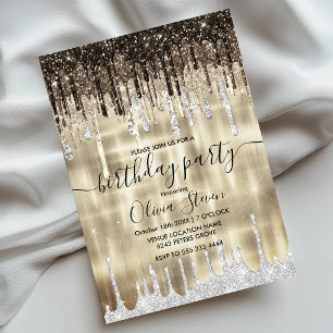 Chic gold brown drippings glitter any age monogram invitation