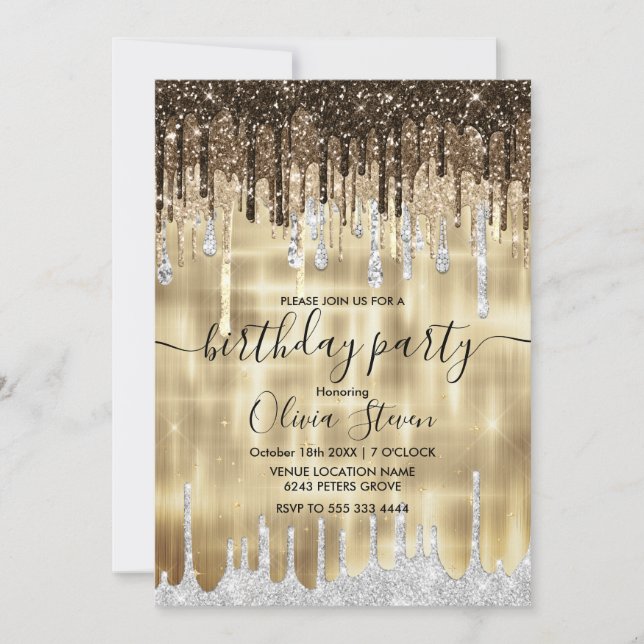 Chic gold brown drippings glitter any age monogram invitation (Front)