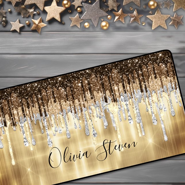 Chic gold brown drippings glitter monogram desk mat (Creator Uploaded)