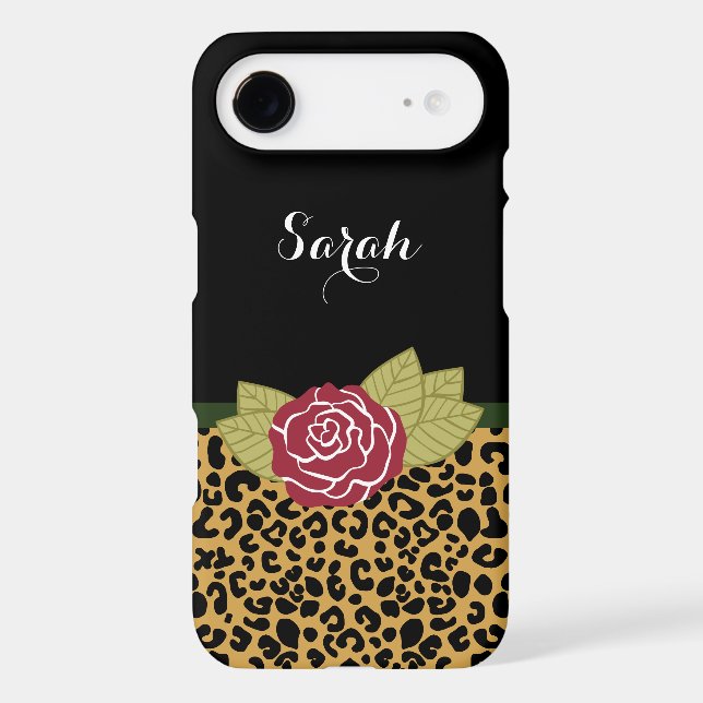 Chic Gold Brown Leopard Print Red Rose With Name Case-Mate iPhone Case (Back)