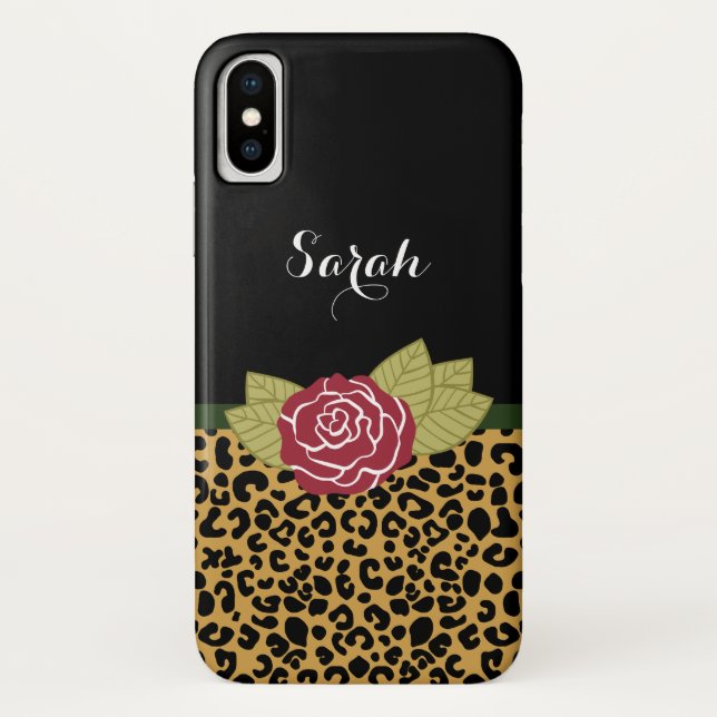 Chic Gold Brown Leopard Print Red Rose With Name Case-Mate iPhone Case (Back)