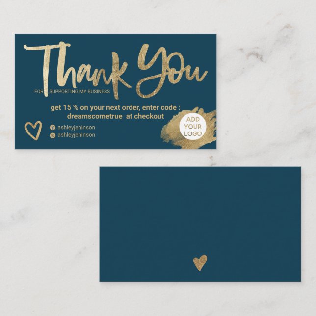 Chic gold brush font navy blue order thank you business card (Front/Back)