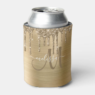 Chic Gold Brushed Metal Dripping Glitter Monogram Can Cooler