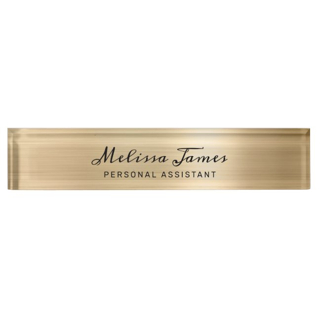 Chic Gold Brushed Metal Modern Black Script Nameplate (Front)