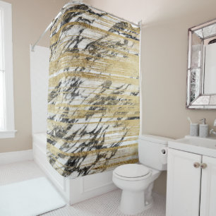 Chic Gold Brushstrokes on Black White Marble Shower Curtain