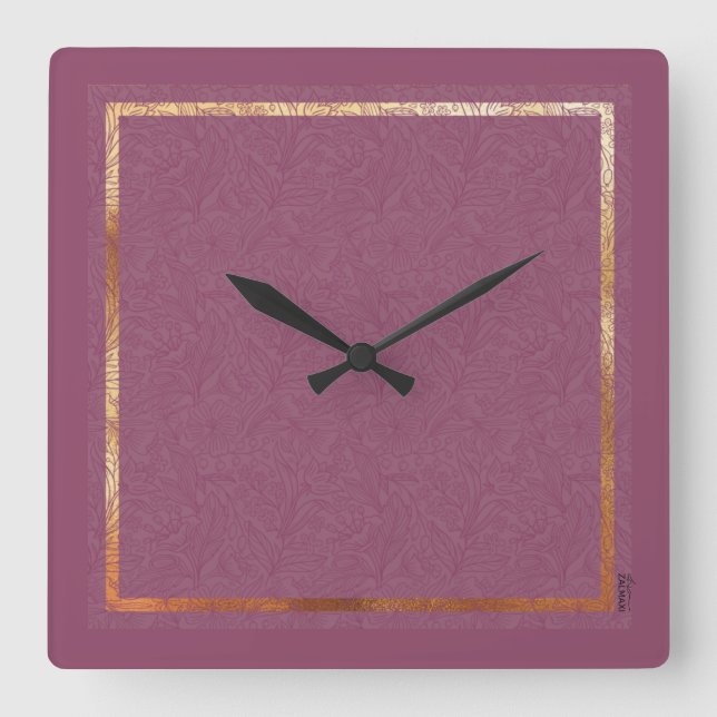 Chic Gold Burgundy Abstract Floral Frame Square Wall Clock (Front)