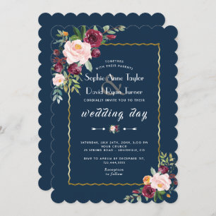 Chic Gold Burgundy Blush Floral Blue Wedding Invitation