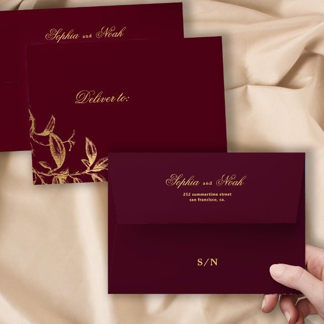 Chic gold burgundy monogrammed botanical wedding envelope (Creator Uploaded)