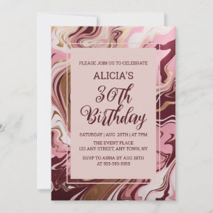 Chic Gold Burgundy Pink Marble Fluid 30th Birthday Invitation