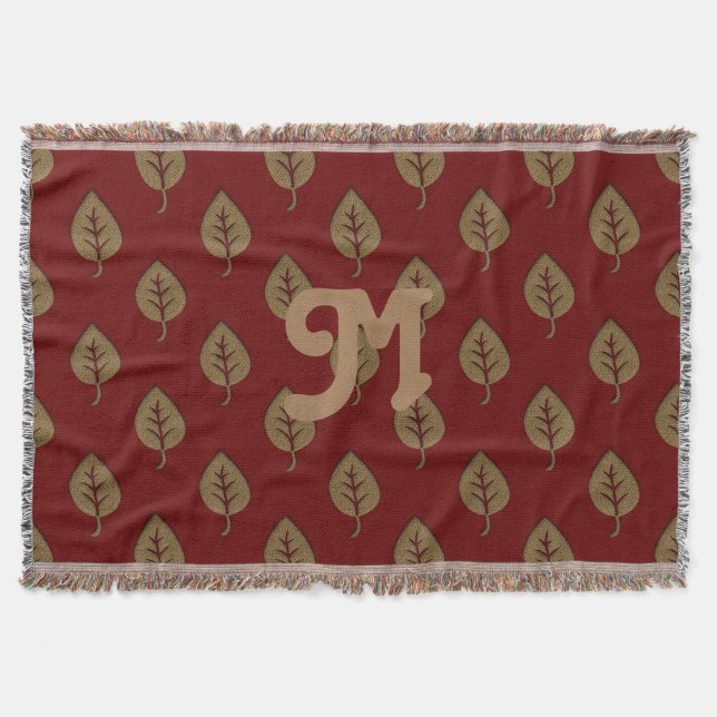 Chic Gold Burgundy Red  Leaf Custom Monogram Throw Blanket (Front)