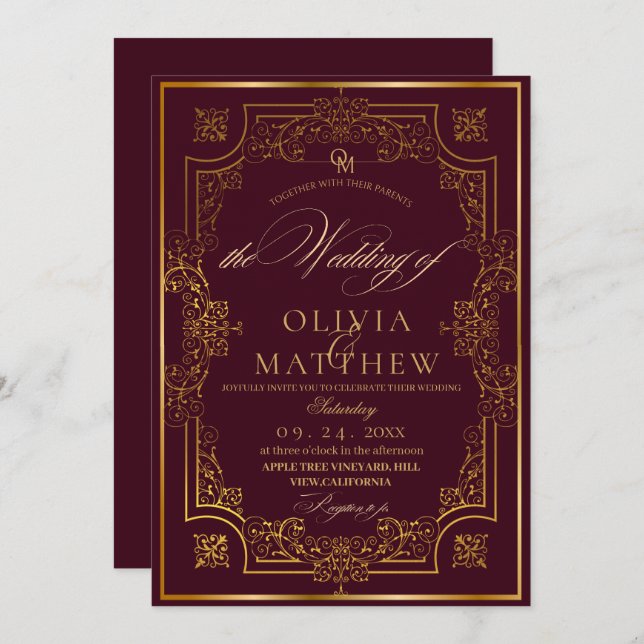Chic Gold Burgundy Script Wedding Invitation (Front/Back)