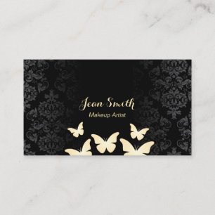 Chic Gold Butterflies Damask Makeup Artist Business Card