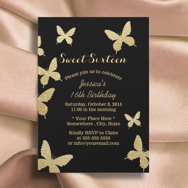 Chic Gold Butterflies Sweet 16 Invitations (Creator Uploaded)