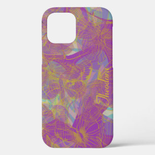 Chic Gold Butterfly Aqua Violet Pattern iPhone 12 Case