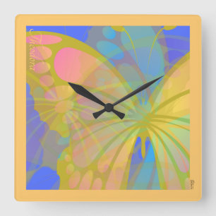 Chic Gold Butterfly Bleu Peach Square Wall Clock