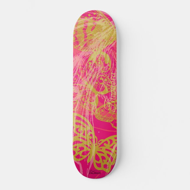 Chic Gold Butterfly Fuchsia Skateboard (Front)