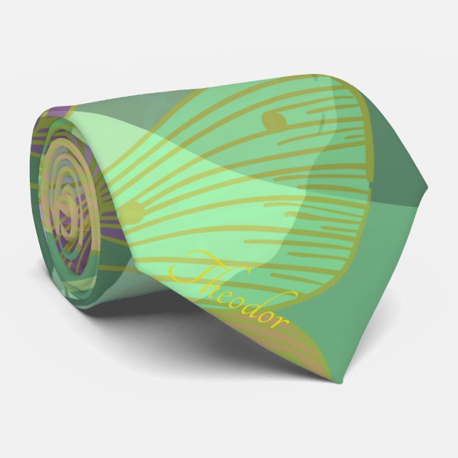 Chic Gold Butterfly Pistachio Violet Pattern Tie (Rolled)
