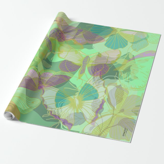Chic Gold Butterfly Pistachio Violet Wrapping Paper (Unrolled)
